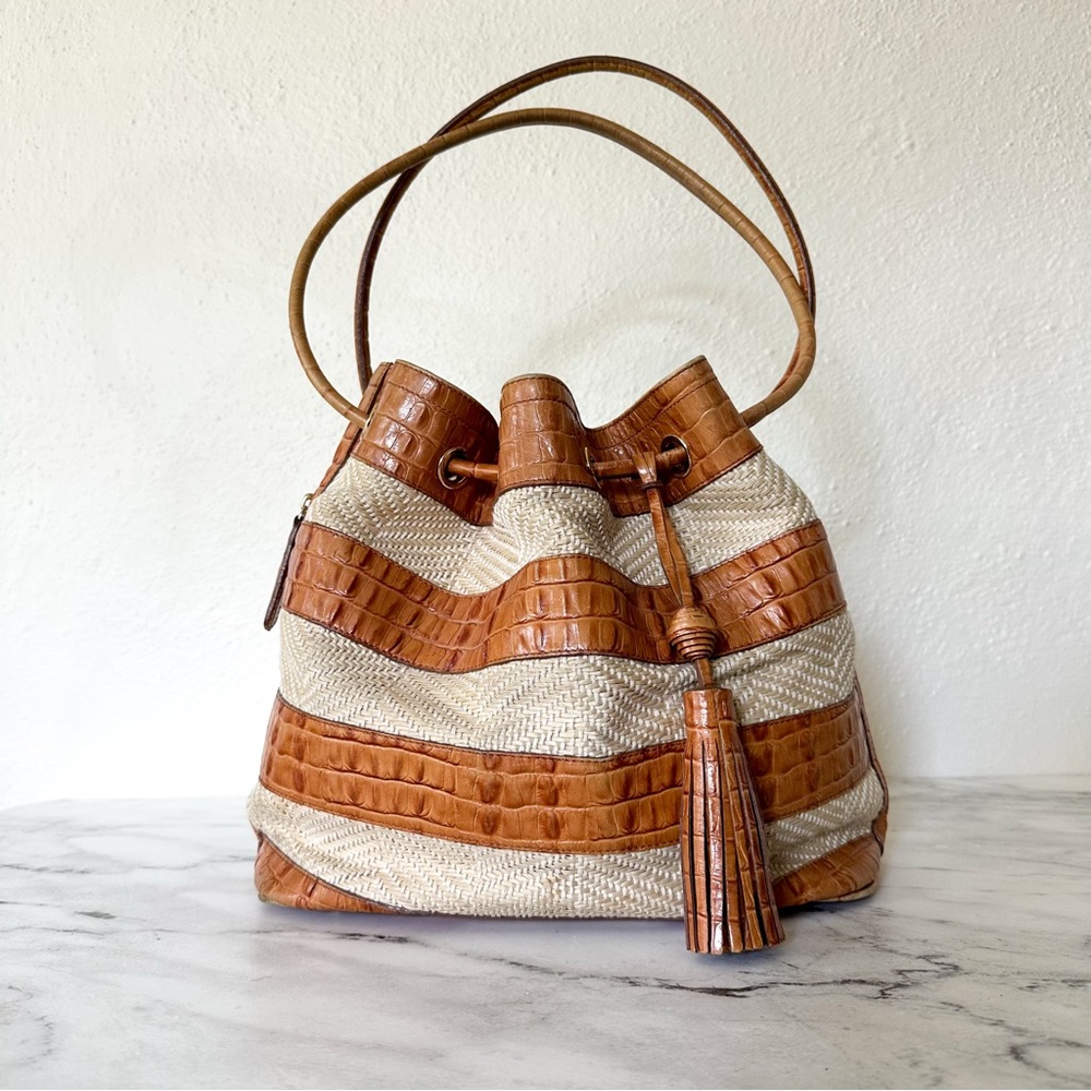 Brahmin Trina Whiskey Raffia Bucket Tote Bag